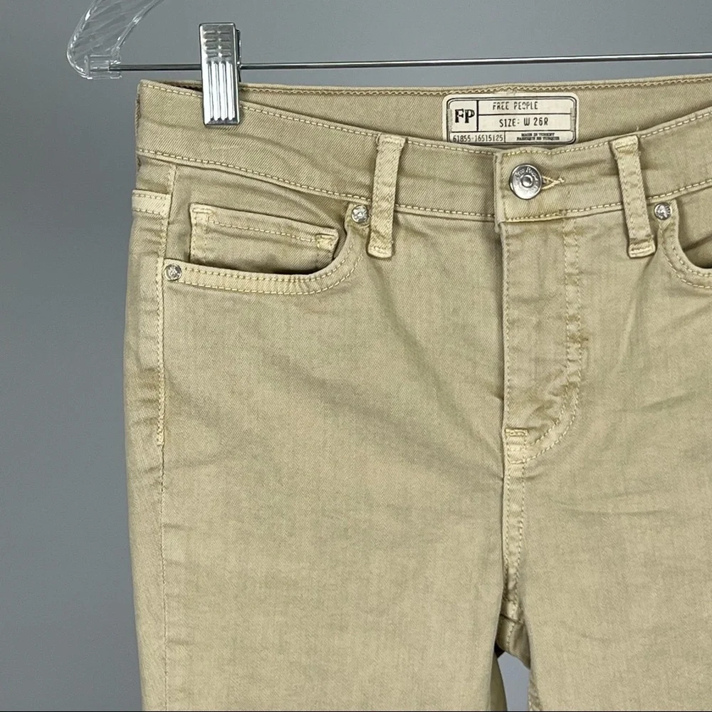 Free People Womens High Rise Busted Distressed Skinny Jeans Khaki Tan size 26